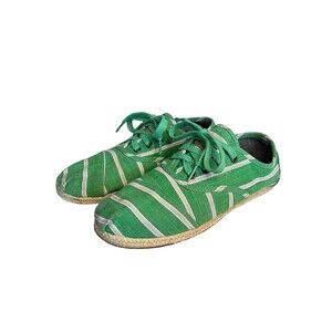 TOMS Womens Green Striped White Canvas Laces Espadrilles Flats Shoes Size 9